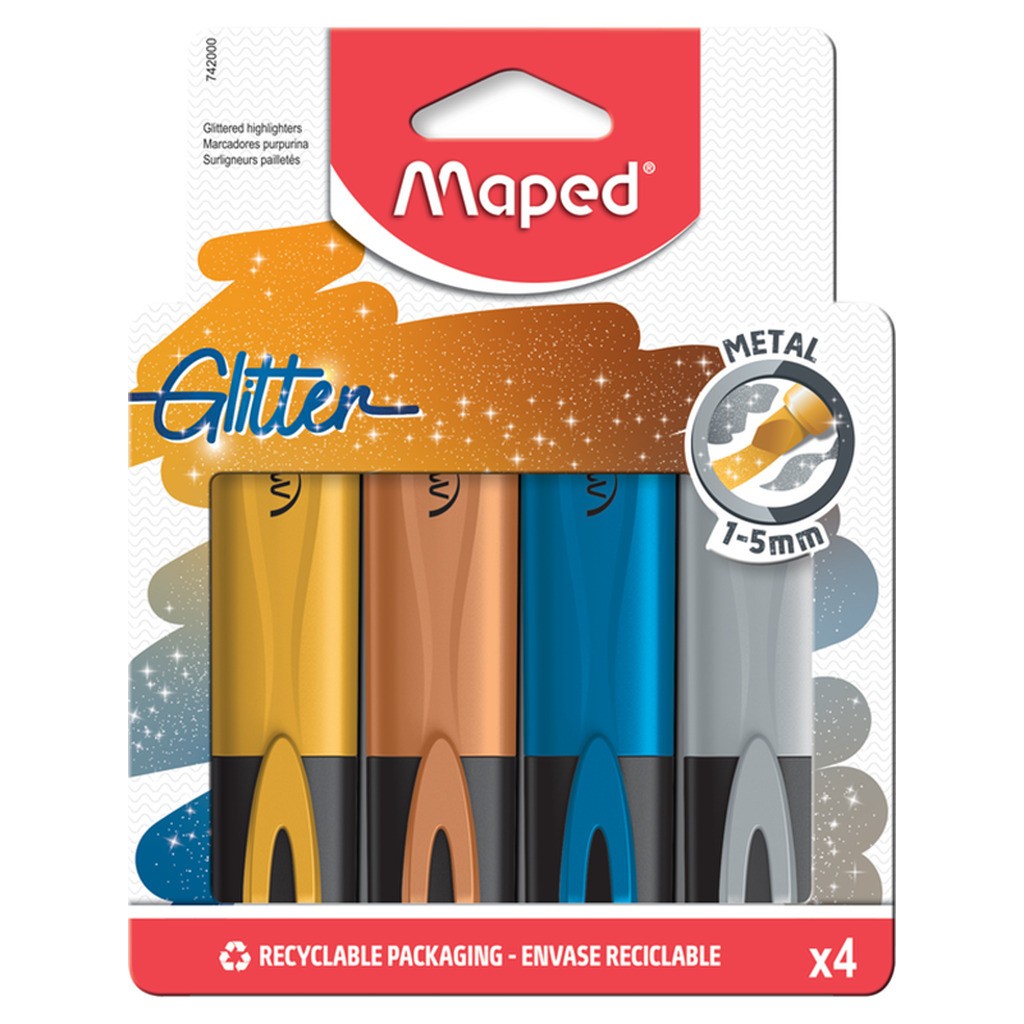 Maped Fluopeps, Glitter metal Highlighters, sæt med 4 ass. Farver