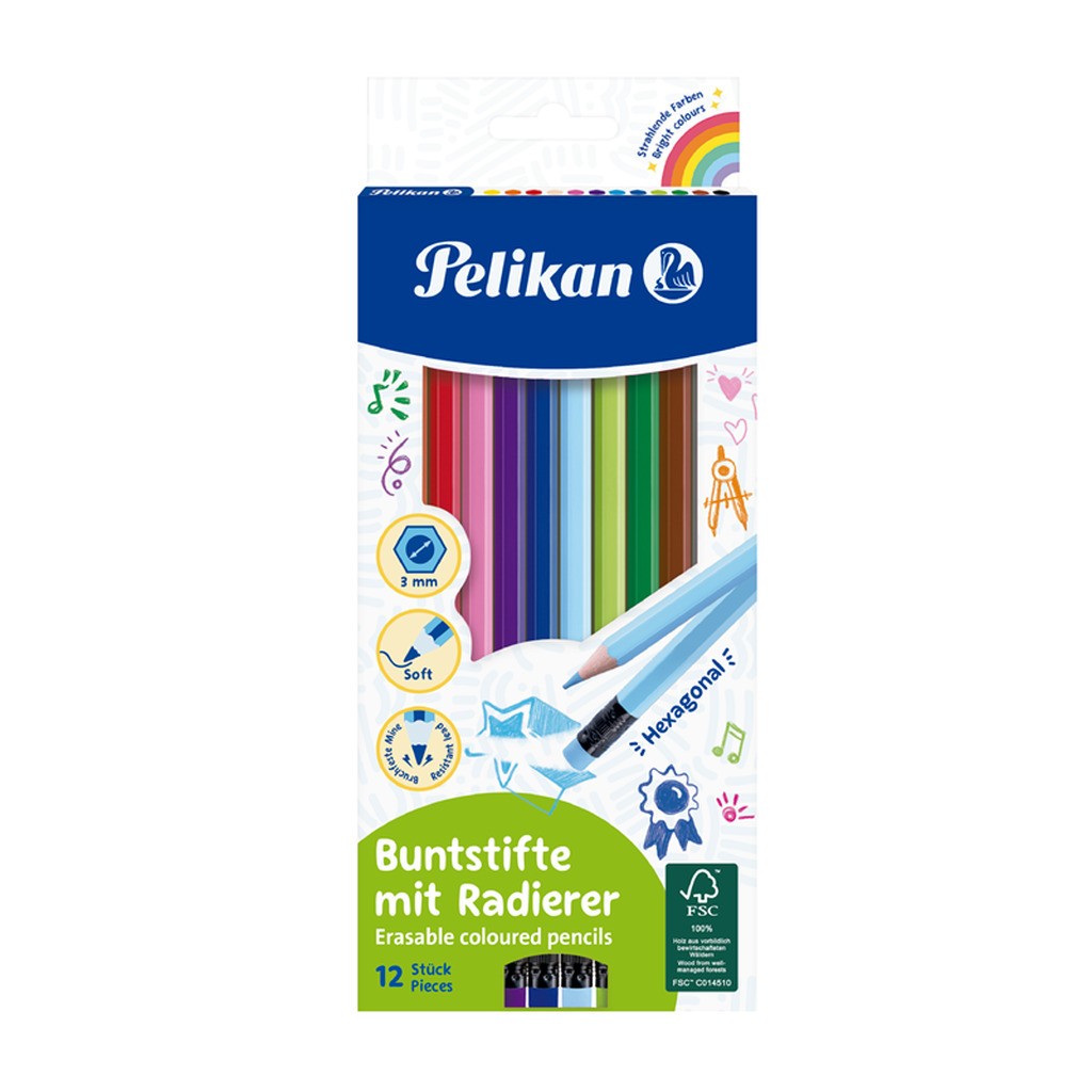 Pelikan Farveblyanter med viskelæder, 12 stk.