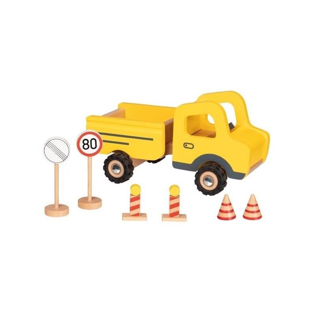 Goki Wooden Work Vehicle with Traffic Signs 7 pcs.