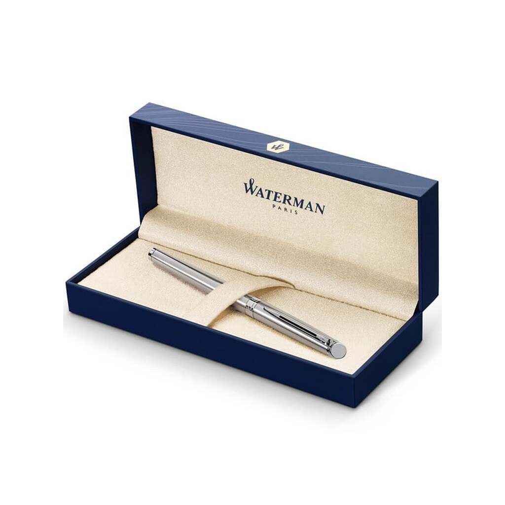Waterman Hémisphère fyldepen | Rustfrit stål med krombeklædning | Fin Nib | Blåt blæk | Gaveæske