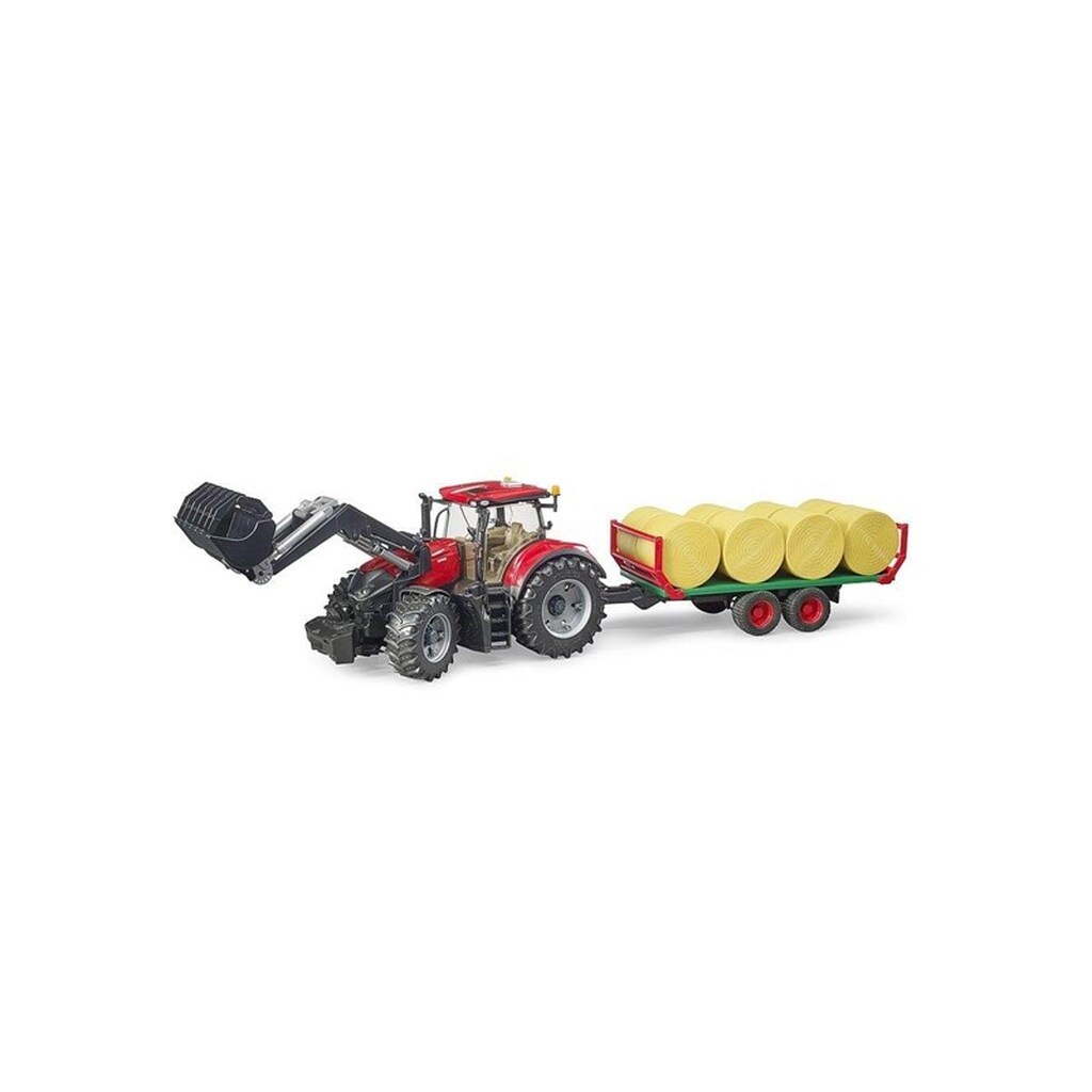 Bruder Case IH Optum 300 CVX with frontloader with bale transport trailer with 8 round bales