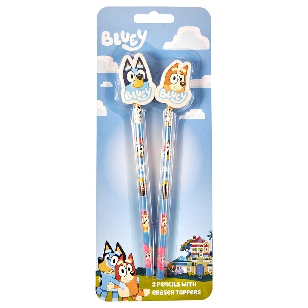 Euromic Bluey 2-pack pencils w/2 eraser toppers - triangular pencils unsharpened each with eraser topper packed on blistercard w/eurohole CE &amp; 0-3 years pictogram