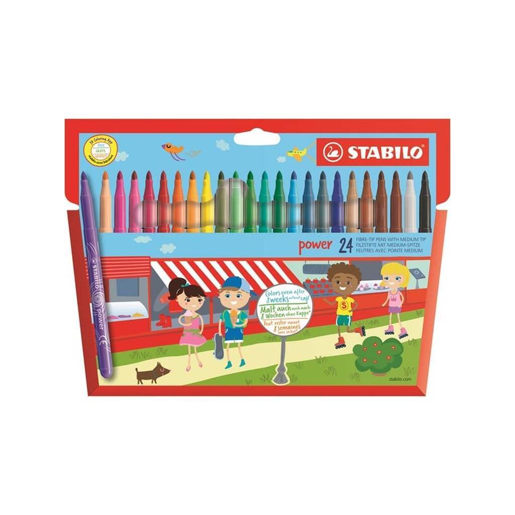 STABILO  Power fibre tip pen  sæt med 24 penne  Vaskbart blæk og kan ligge uden hætte i 8 uger