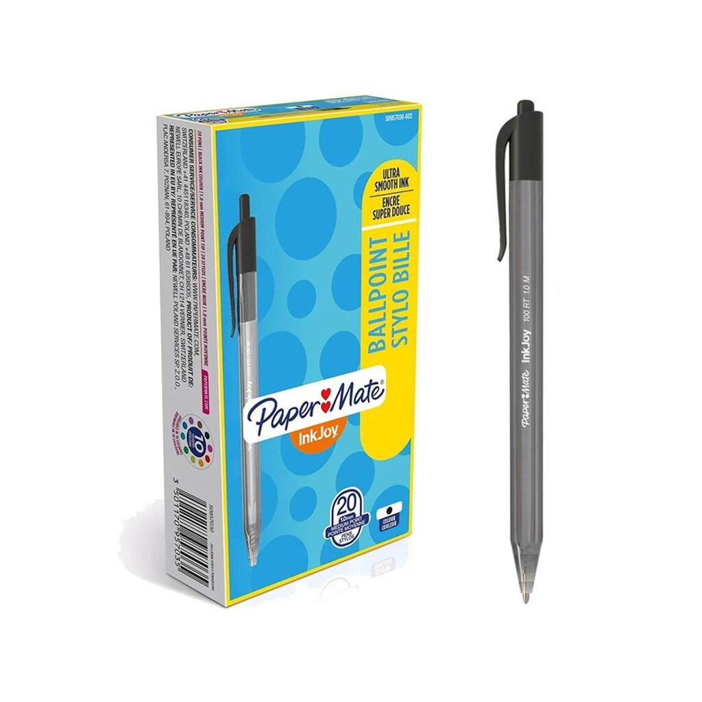 Paper Mate InkJoy 100RT Retractable Ballpoint Pens | Medium spids (1,0 mm) | Sort | 20 styk