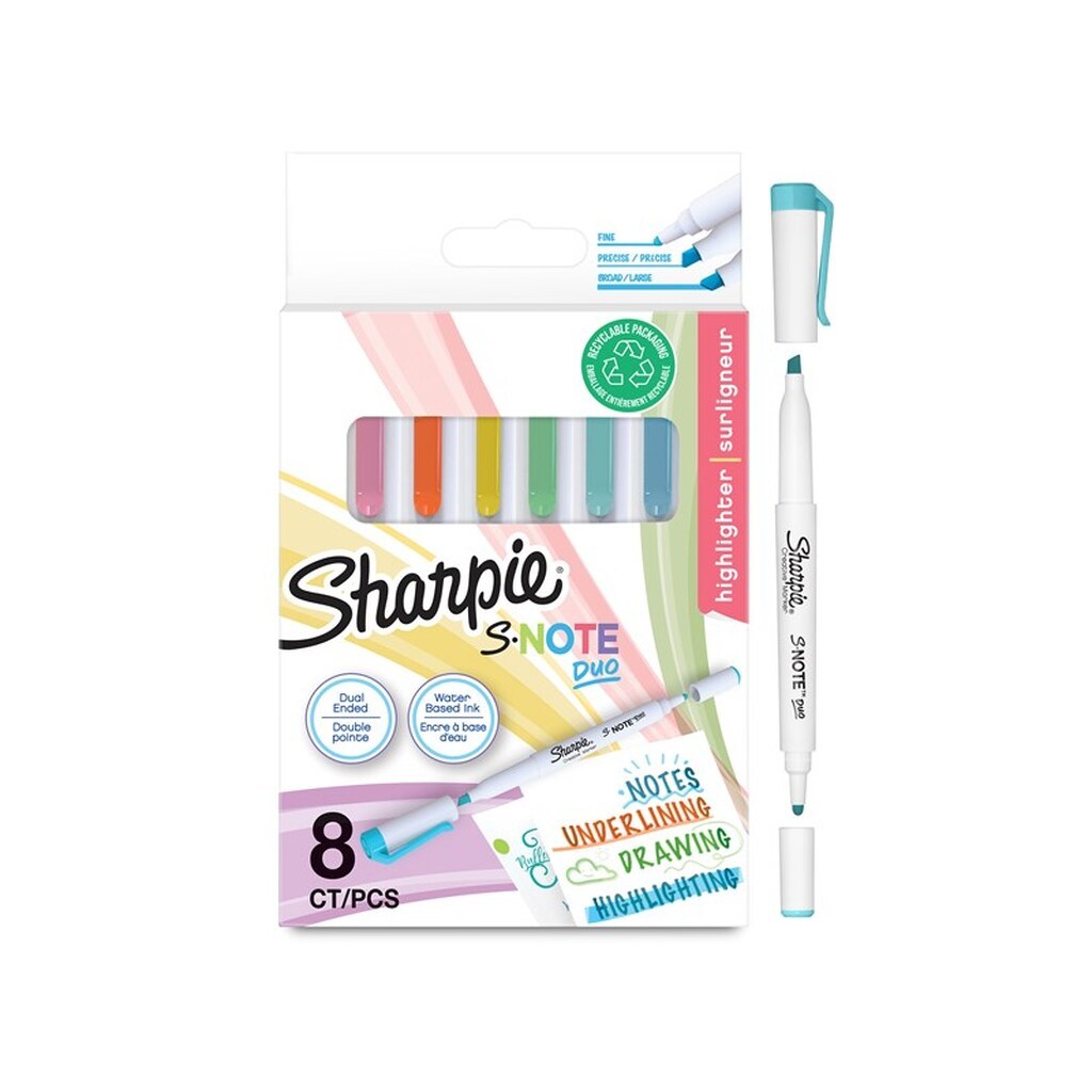 Sharpie S-Note Duo overstregningstuscher | Kreative markører med to ender af pastel | Bullet og bred spids til highlighte, tegning, journalføring og mere | 8 Stk