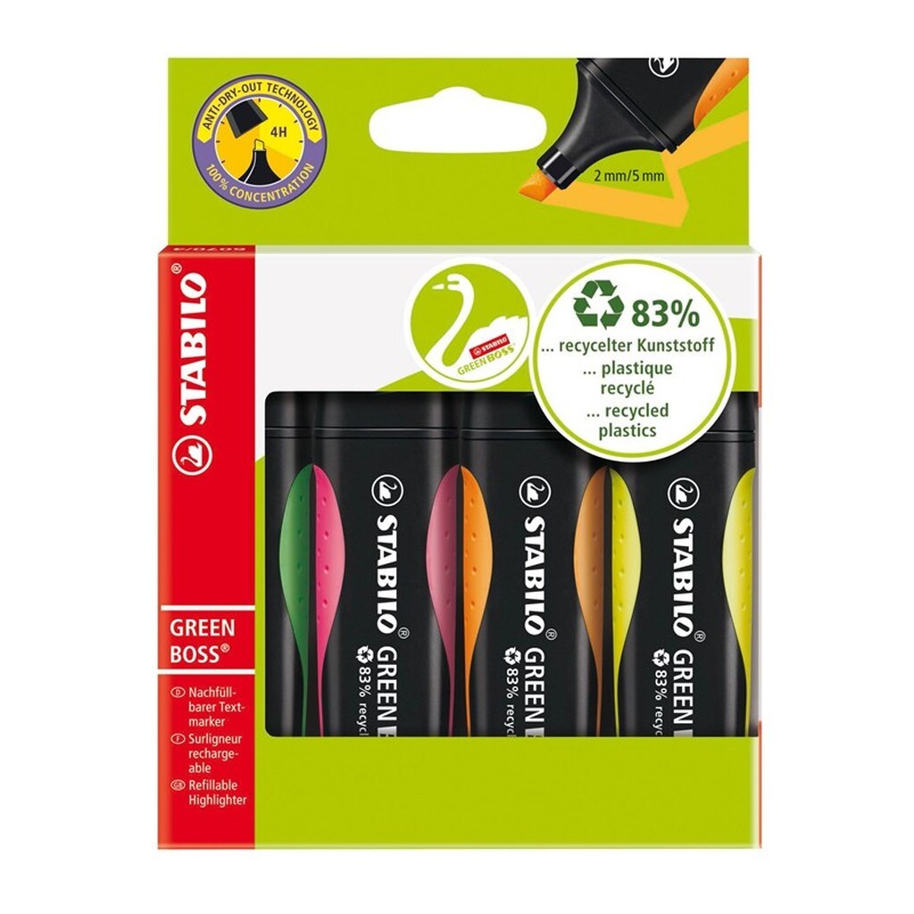 STABILO Green BOSS  4 ass. colours highlighter with water-based ink refillable - 83% recycled plastic