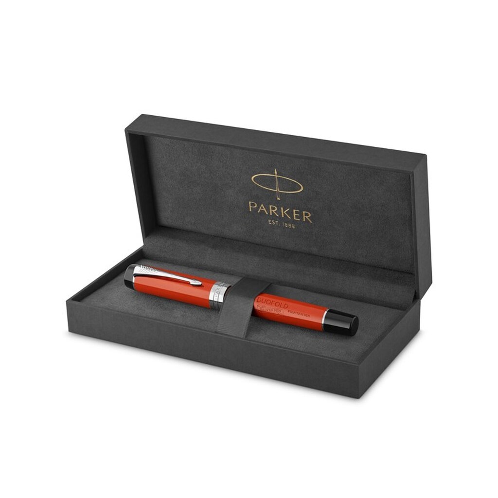 Parker Duofold Centennial-fyldepen | klassisk stor rød vintage | medium spids i rent guld | sort blæk og converter | kvalitetsgaveæske