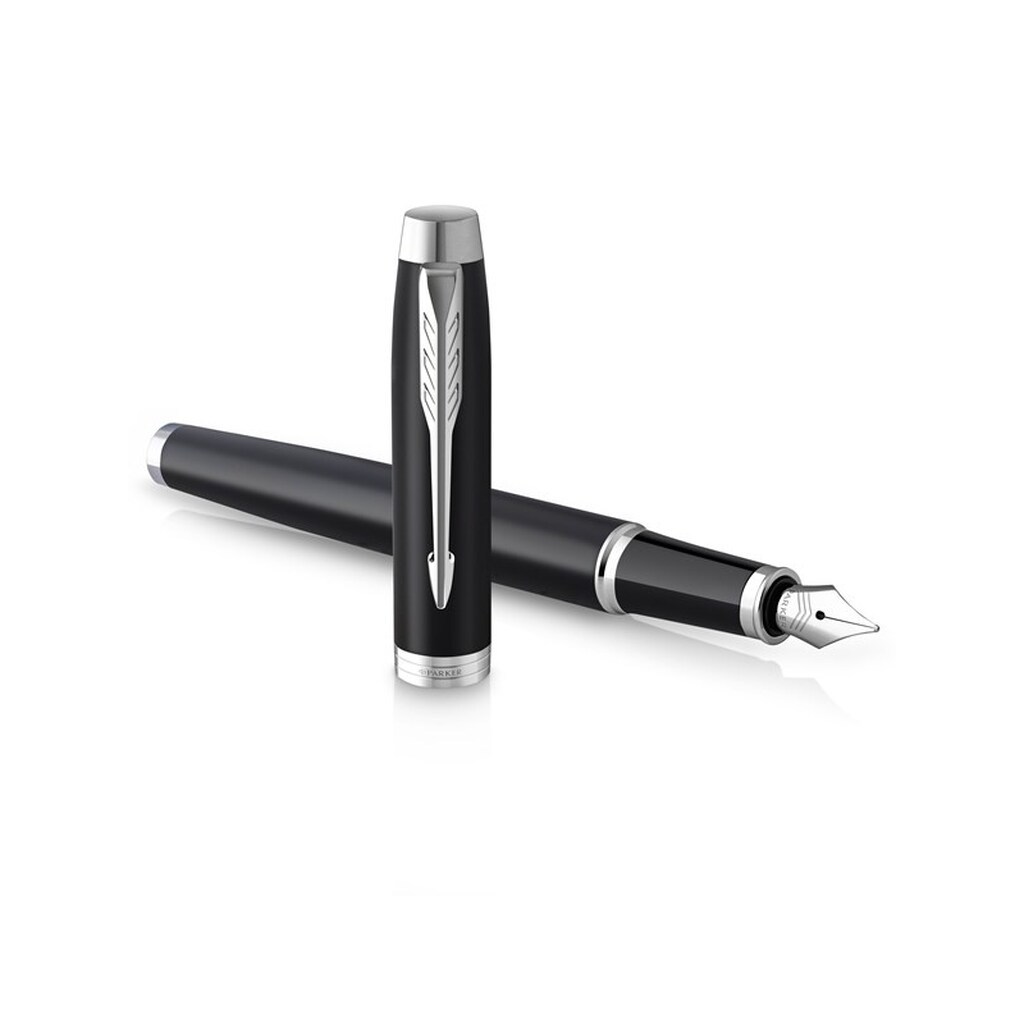 Parker PARKER IM Fountain Pen | Matte Black with Chrome Trim | Fine Point with Blue Ink Cartridge | Gift Box