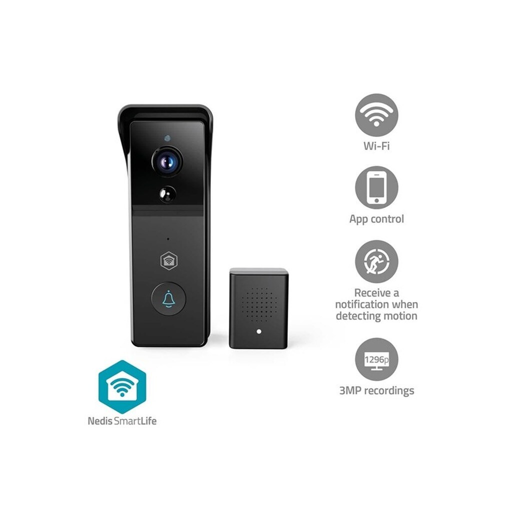 Nedis SmartLife Video Dørtelefon Wi-Fi Batteri 3MP Full HD 1296p Cloud Storage (mulighed) / microSD (ikke inkluderet) IP44 Med bevægelsessensor Nattesyn Sort