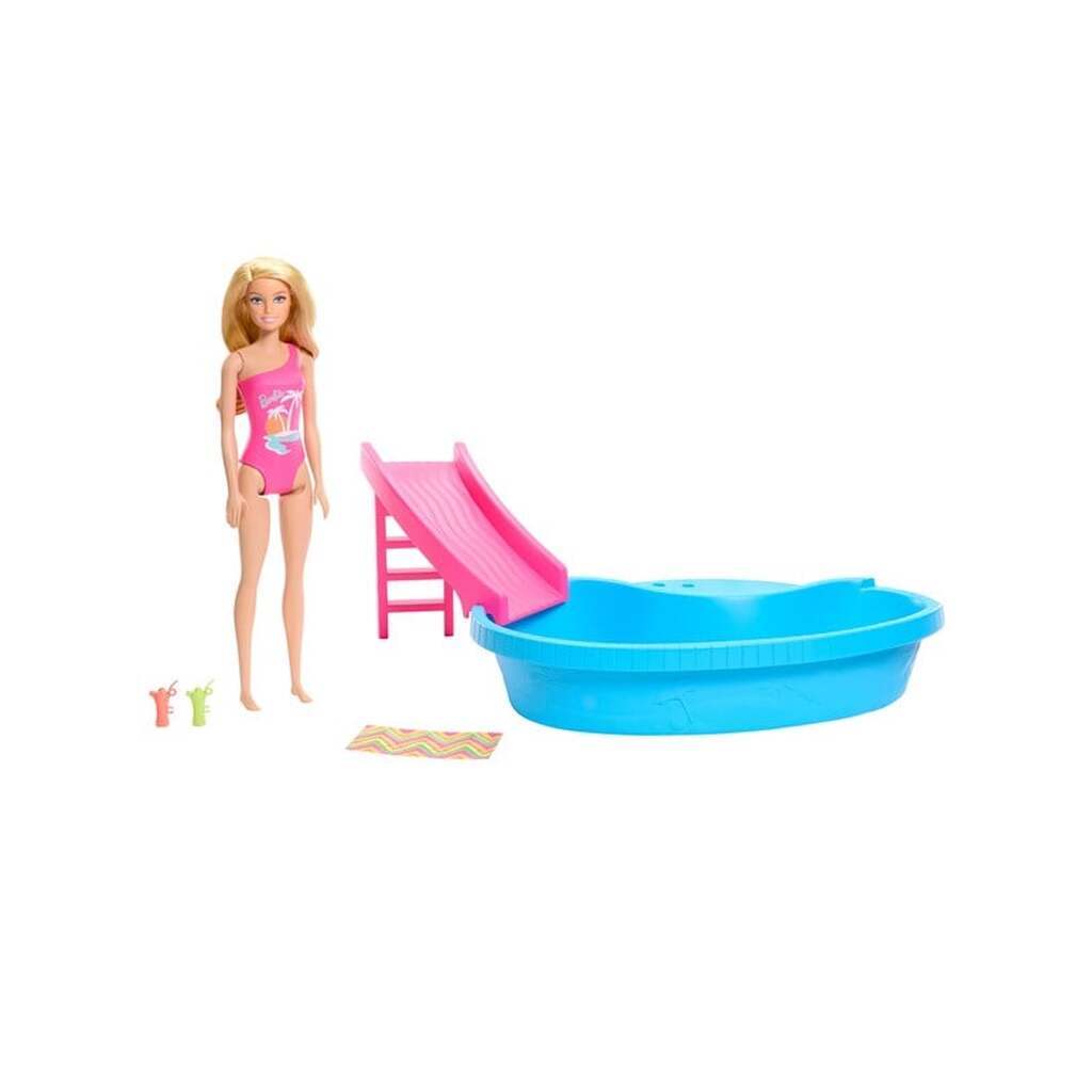 Barbie Doll And Pool Playset Blonde With Pool Slide Towel And Drink Accessories