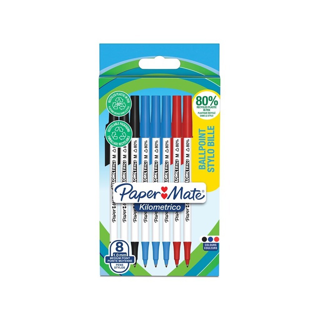 Paper Mate Kilometrico kuglepenne | Lang skrivning med mellempunkt (1,0 mm) | Sort, blå og rødt blæk | 80% genanvendt plast | 8 Stk