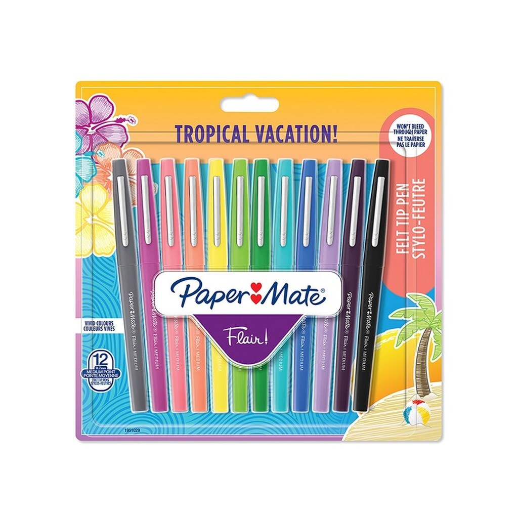 Paper Mate Flair filtpenne | Medium spids (0,7 mm) | Assorterede tropiske feriefarver | 12 Stk