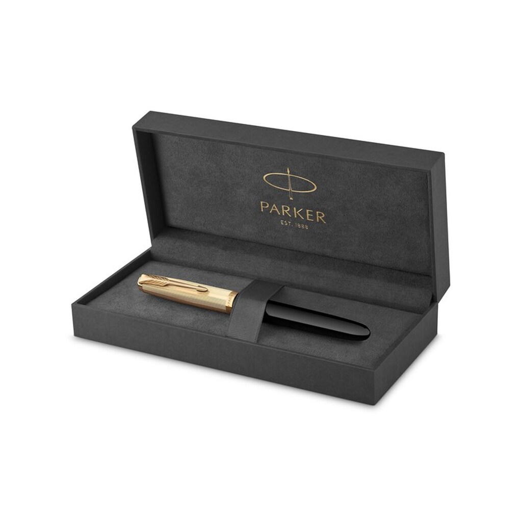 Parker 51-fyldepen | deluxe-sort cylinder med detaljer i guld | fin 18k guldspids med sort blækpatron | gaveæske