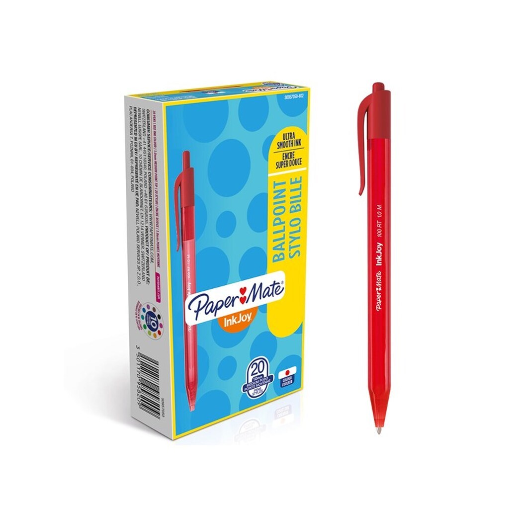 Paper Mate InkJoy 100RT Retractable Ballpoint Pens | Medium spids (1,0 mm) | Rød | 20 styk
