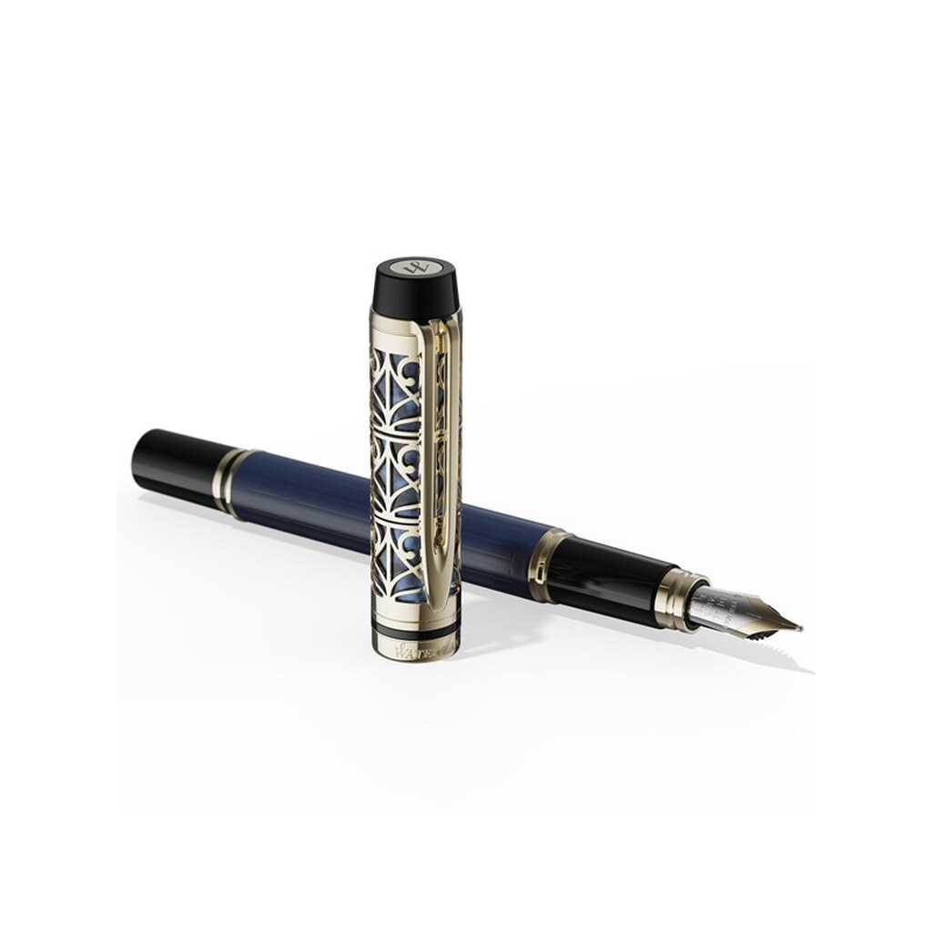 Waterman Man Bleu de Paris Limited Edition Fyldepen, Blålakeret skaft med let guldbelagt hætte og beklædning, 18K guld medium spids, Premium Gaveæske