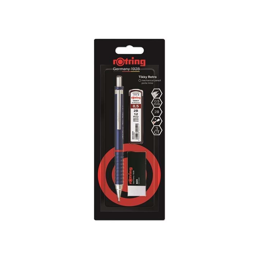 Rotring rOtring Tikky Retro Mekanisk Blyant &amp; Viskelæder Sæt | 2B Bly, 0,5 mm | Blåt Skaft