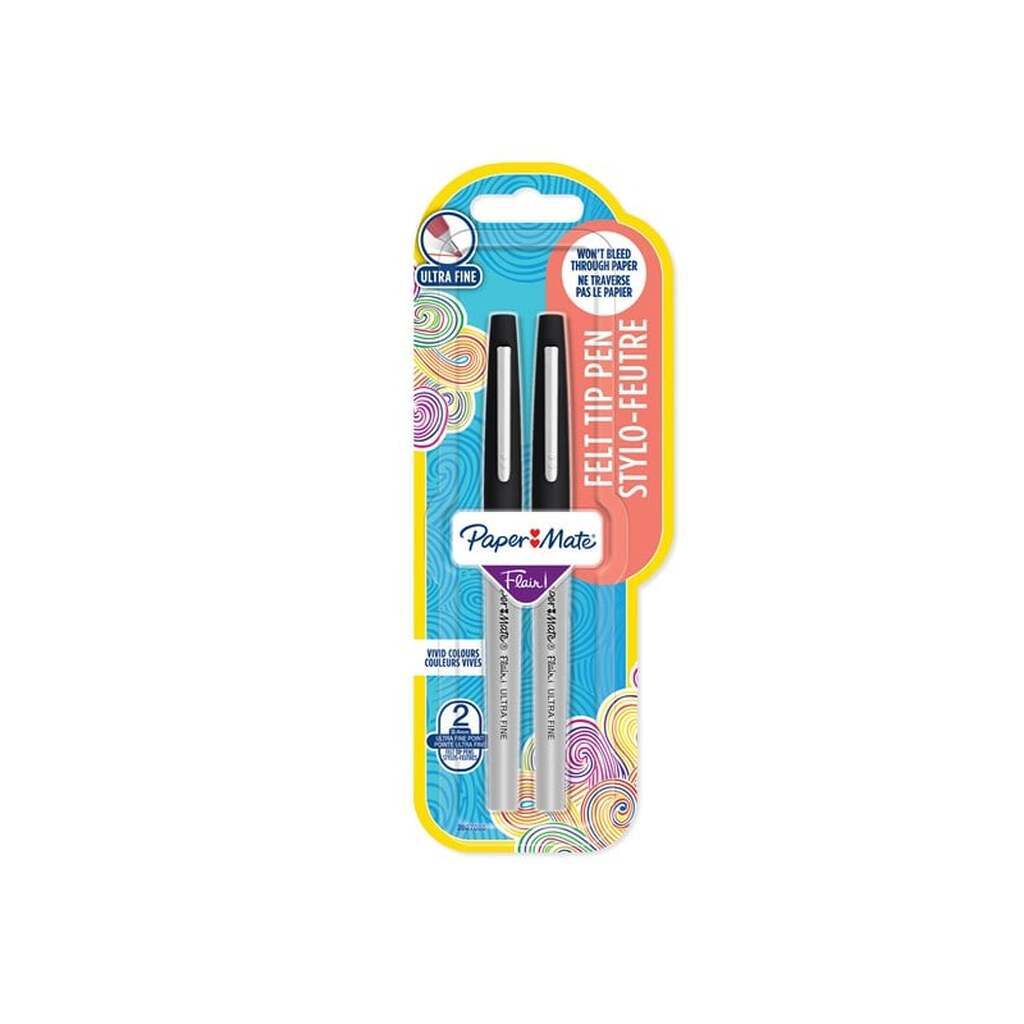 Paper Mate Flair Ultra Fine Tip Pens | Meget fin spids (0,4mm) | Sort | 2 styk