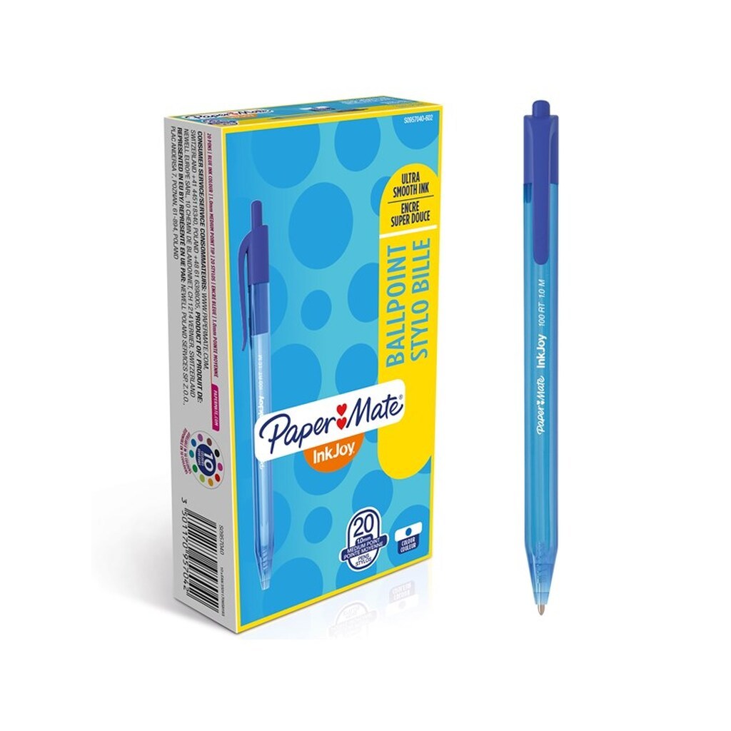 Paper Mate InkJoy 100RT Retractable Ballpoint Pens | Medium spids (1,0 mm) | Blå | 20 styk