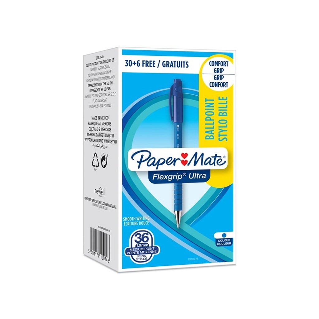 Paper Mate Flexgrip Ultra Retractable Ballpoint Pens | Medium spids (1,0 mm) | Blå | 36 styk