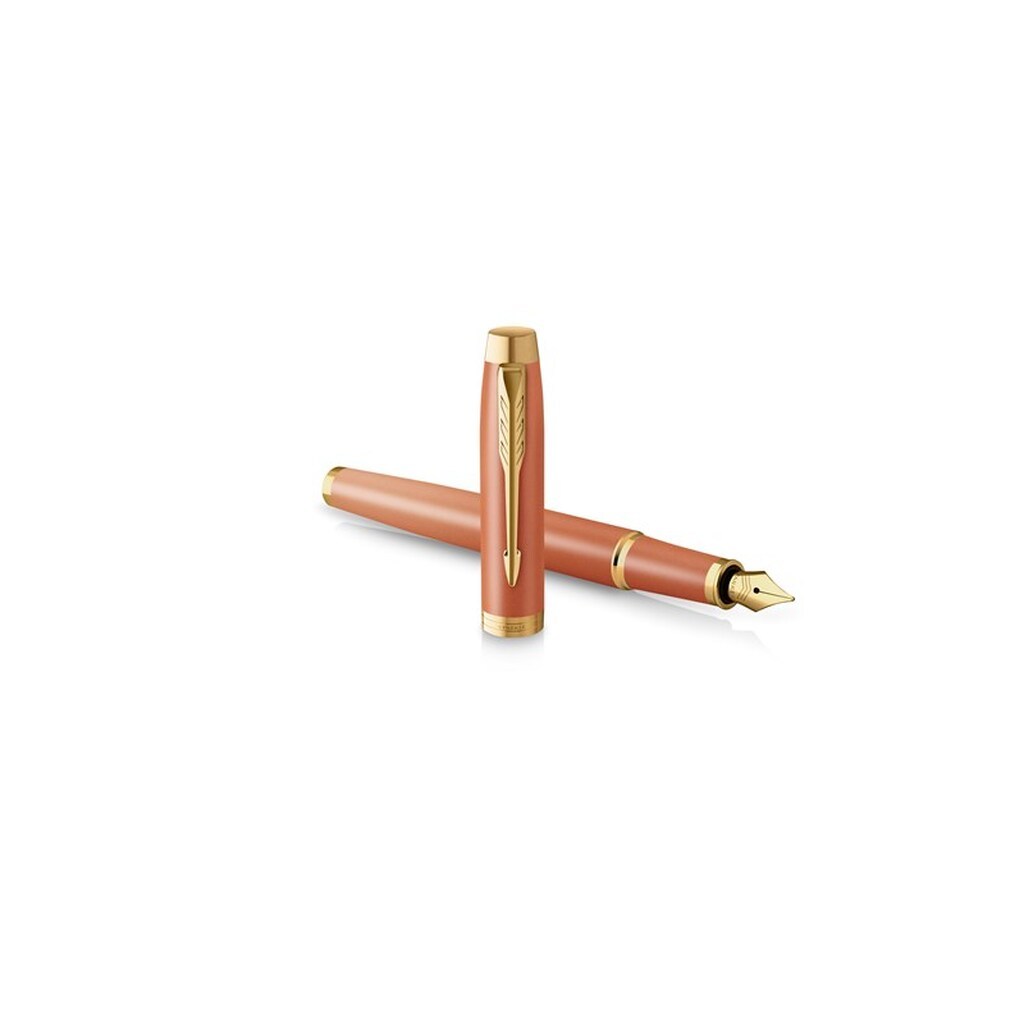Parker IM Writing Rituals Fyldepen, Uplifting Orange finish &amp; guldfarvet beklædning, Fin spids, Blå blækpatron, Gaveæske