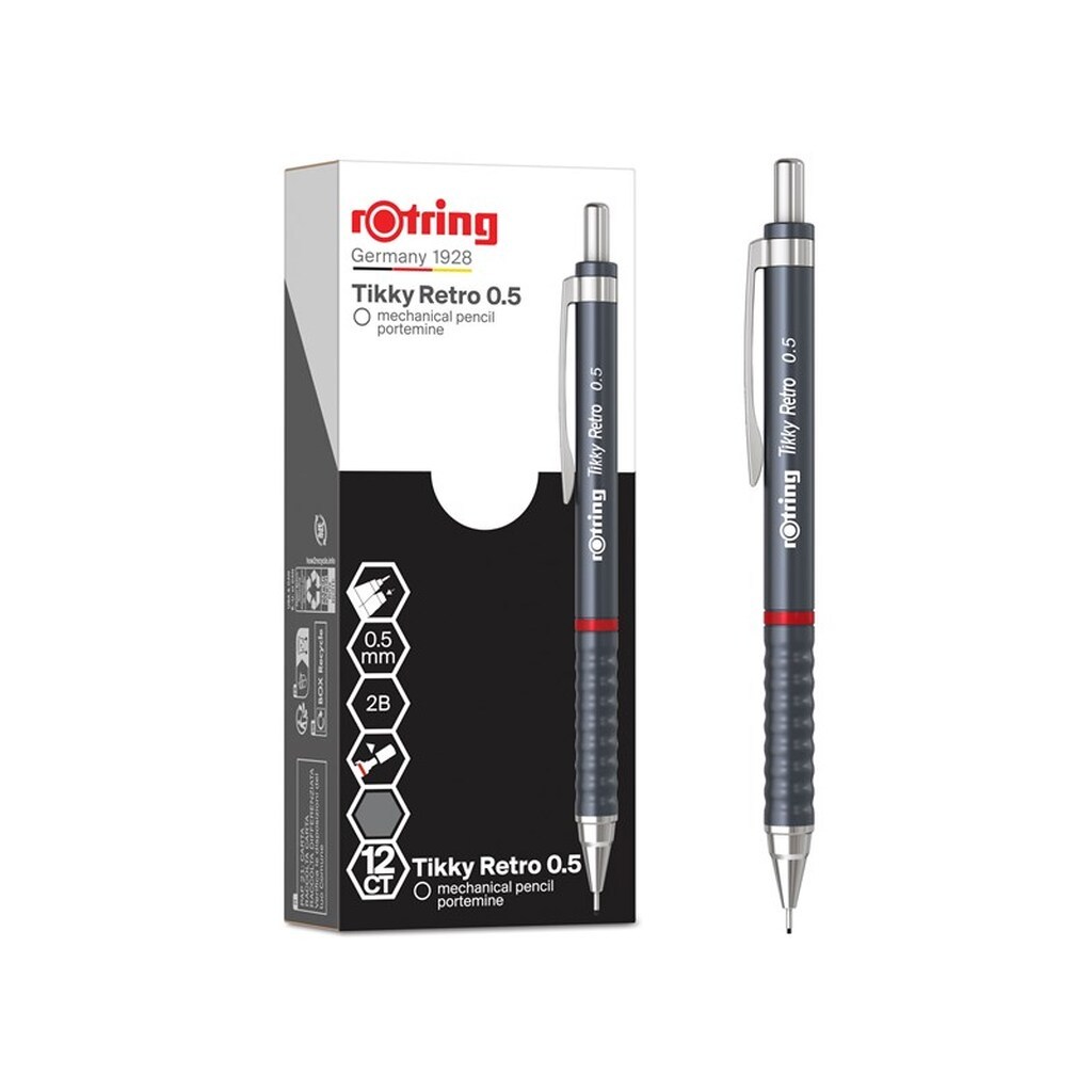 Rotring rOtring Tikky Retro Mekaniske Blyanter | 2B 0,5 mm | Gråt skaft | med Komfort Rillet Greb | 12 Stk