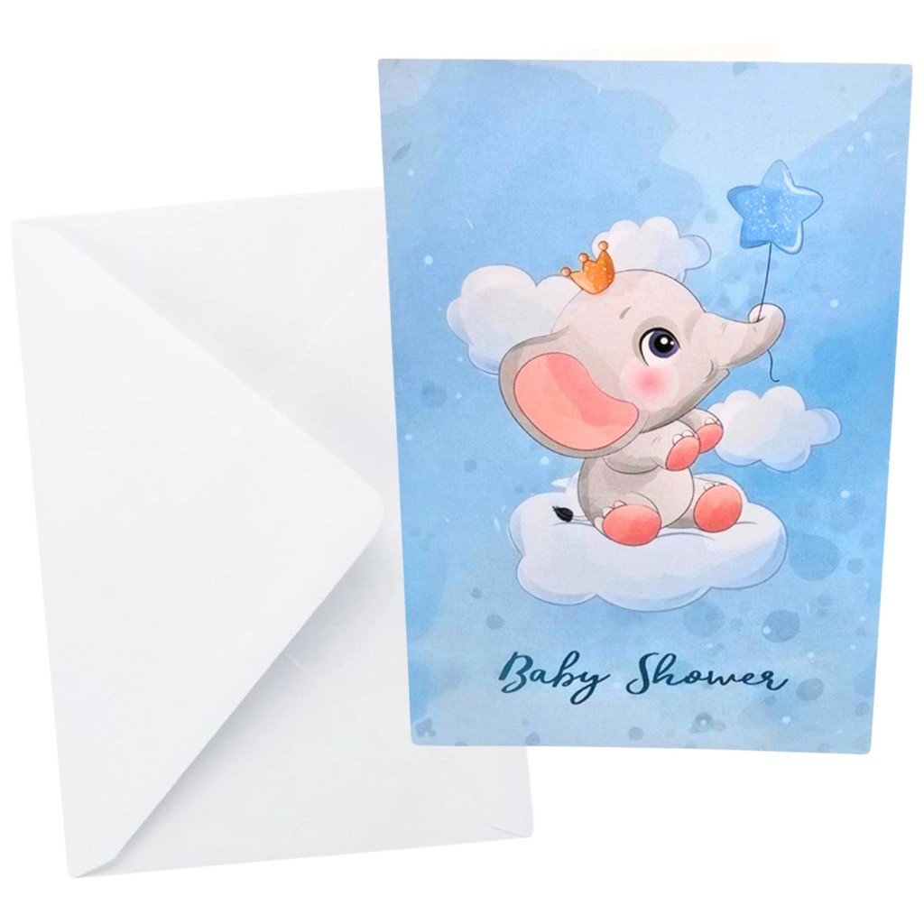 Kort Dobbelt m/konvolut Baby Shower Lyseblå M/ Elefant