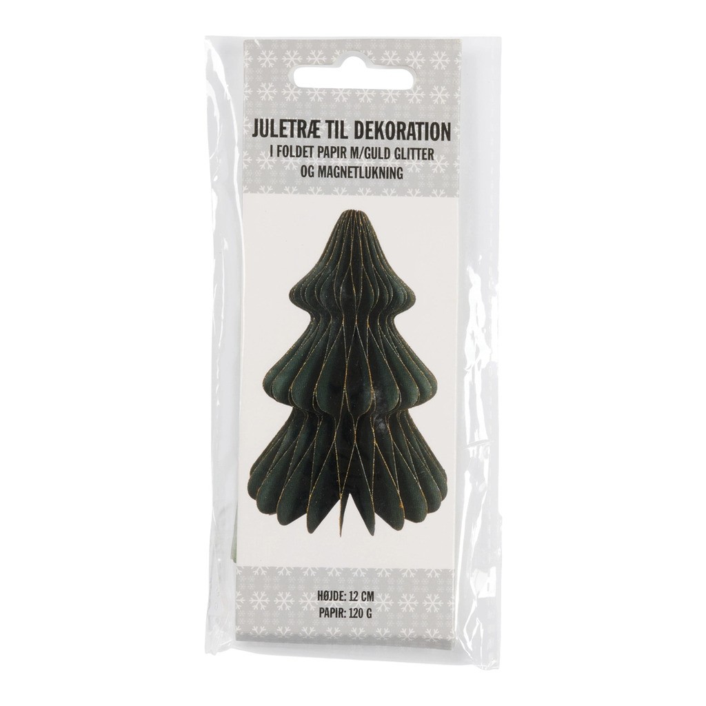 Flot dekoration papir juletræ m/glimmer og magnetluk 12 cm