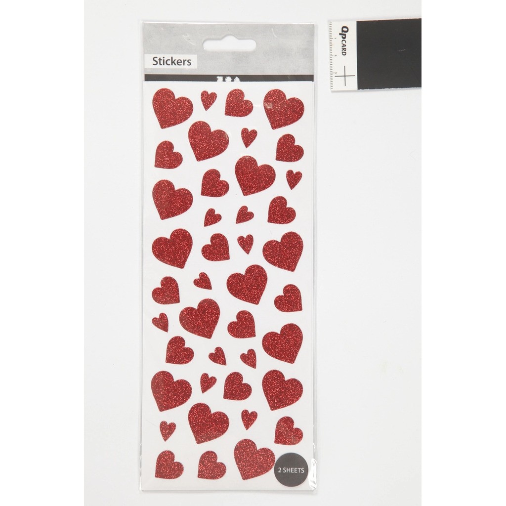 Glitter stickers 10x24 cm ca 84 stk rød hjerter 2ark