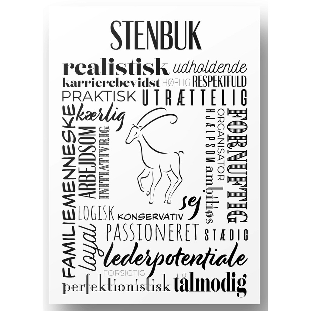 Plakat A4 Stenbuk Håndtegnet Stjernetegns Citat