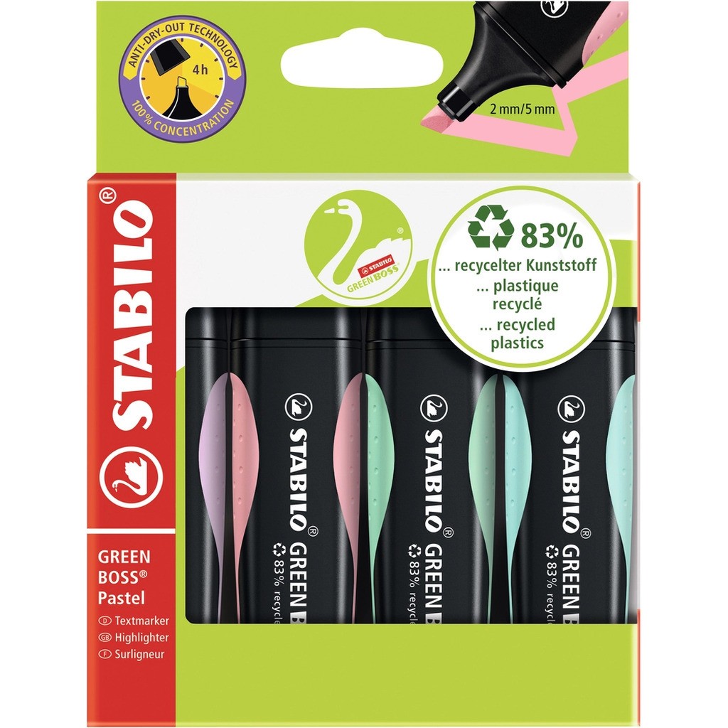 Tekstmarker Stabilo Green Boss sæt m/4 stk. pastel farver