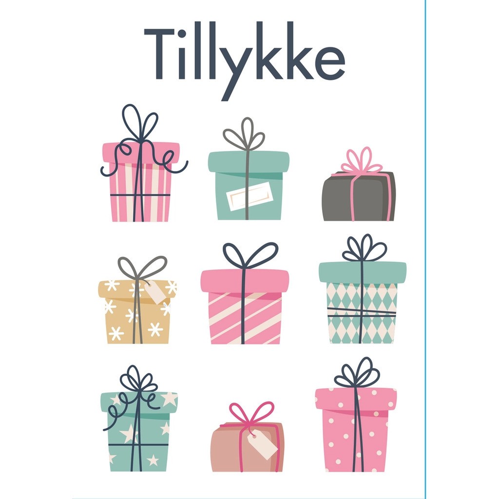 Kort 4/4 m/konvolutter tillykke/happy birthday