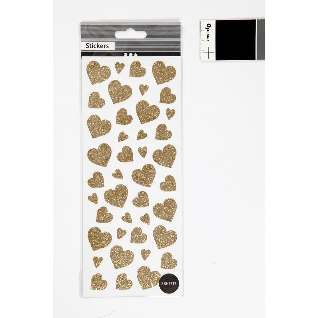 Glitter stickers 10x24 cm ca 84 stk guld hjerter 2ark