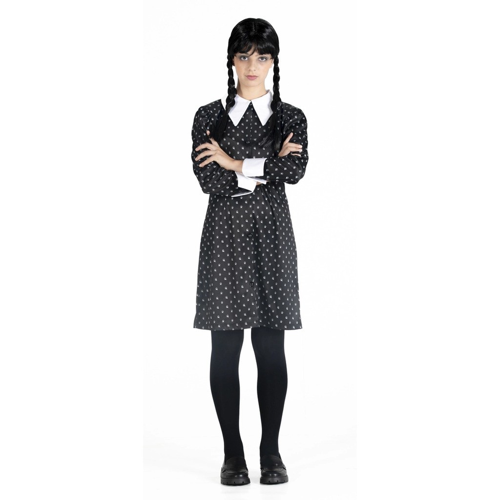 Wednesday' Addams kostume med paryk str. 132 cm
