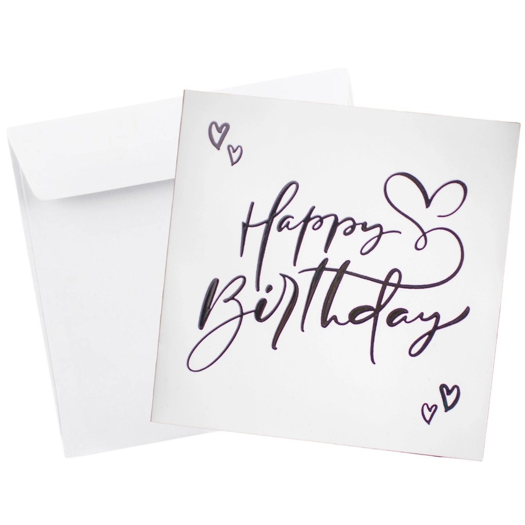 Kort Dobbelt m/konvolut Happy Birthday M/Sølv Folie