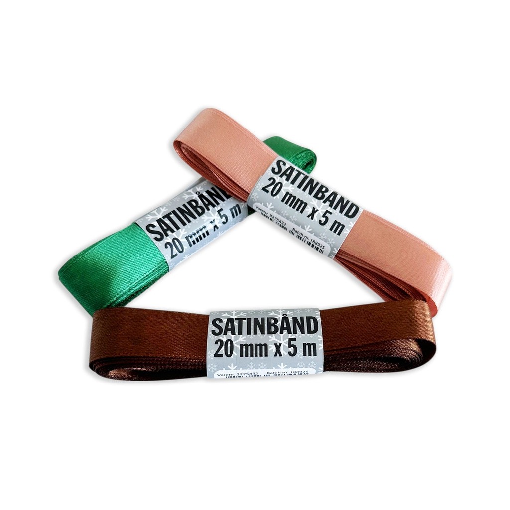 Satinbånd rosegold, mørkegrøn, brun 3 asst 20 mm x 5 m