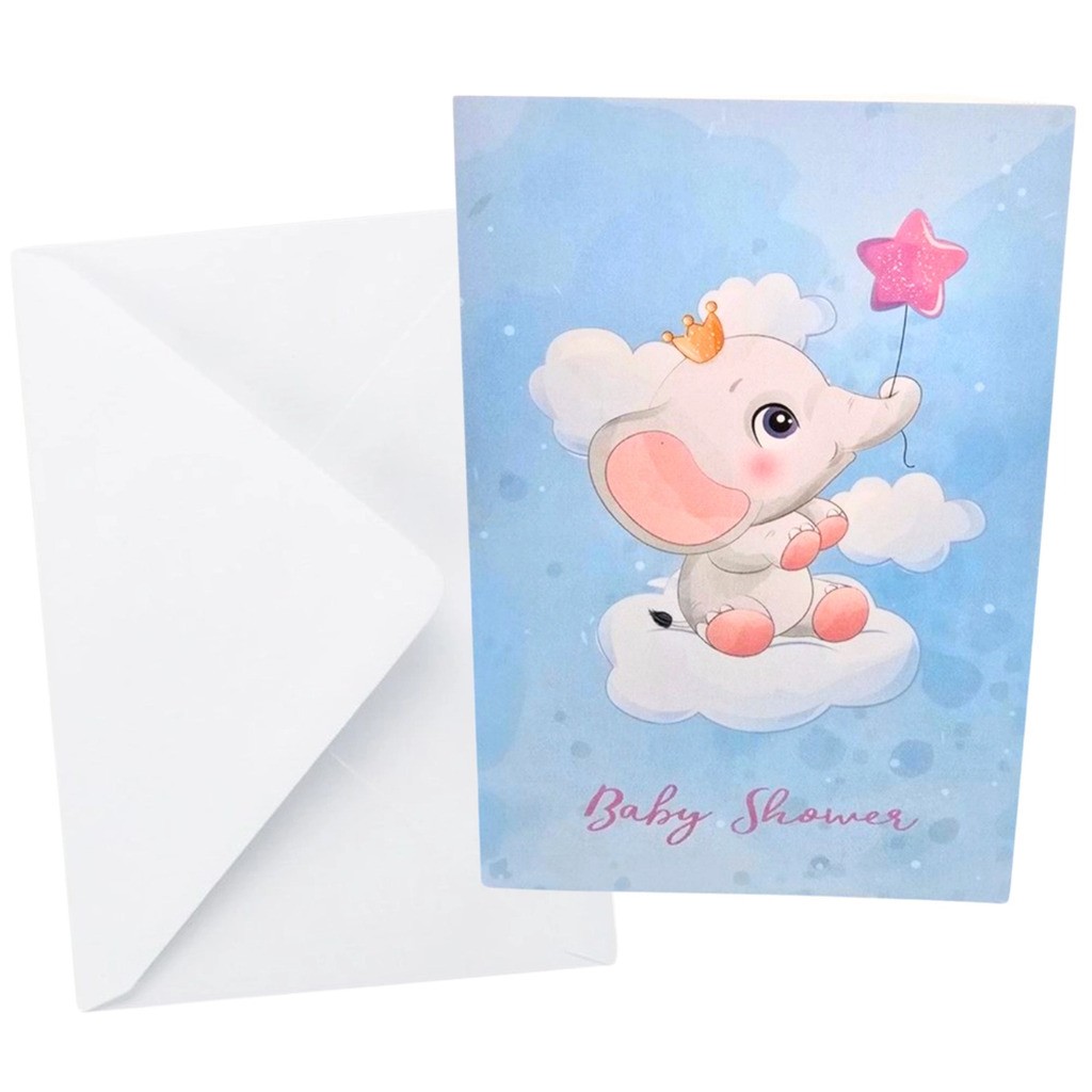Kort Dobbelt m/konvolut Baby Shower Lyserød M/ Elefant