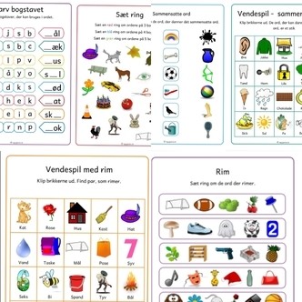 8 ark med sammensatte ord, rim og bogstavers lyde  (Print selv)