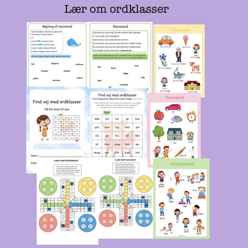 Lær om ordklasser - hæfter og spil (Print selv)