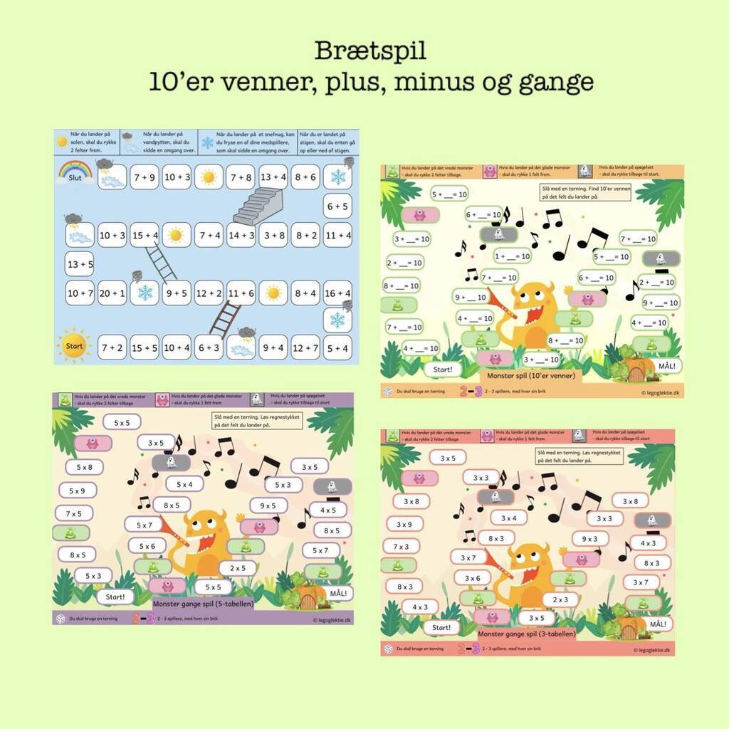 3 brætspil med plus, minus og gange  (Print selv)