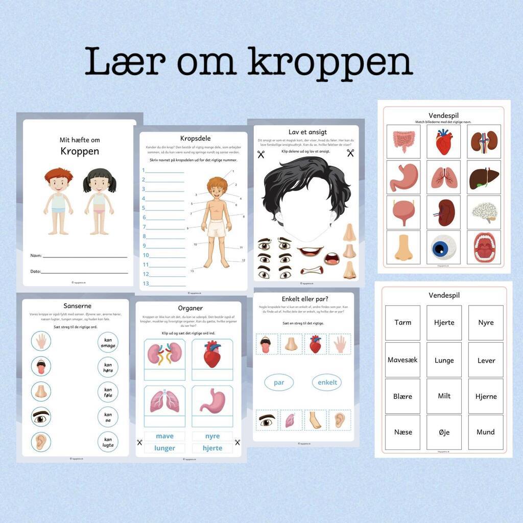 Opgavehæfte + vendespil om kroppen  (Print selv)