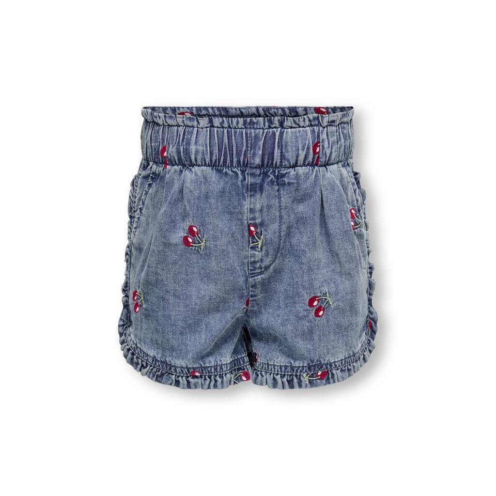 Only Mini Dandy Cherry Frill Denim Shorts - Medium Blue Denim - 92 cm