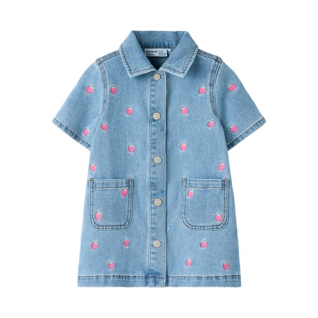 Name It Laila - SS Emb Dress - Light Blue Denim/Strawberry - 92 cm