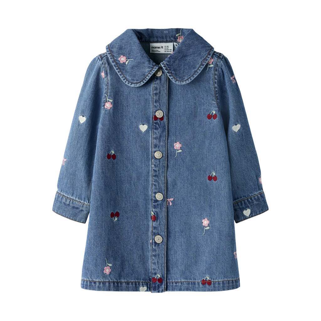 Name It Emily - LS EMB Denim Dress - Medium Blue Denim - 92 cm