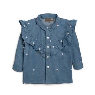 Denimskjorte med hjertebroderi og flæse - 122/128