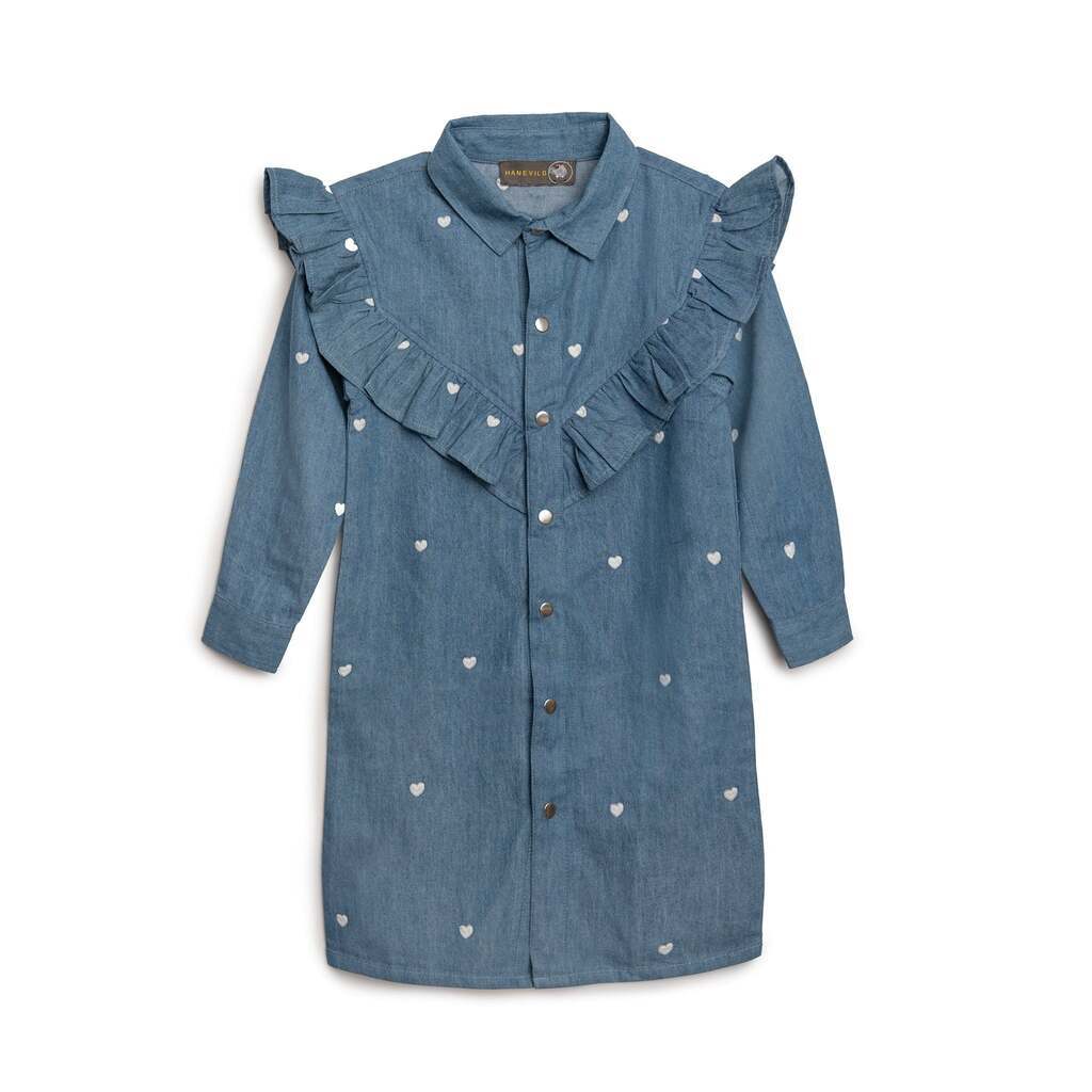 Denimkjole med hjertebroderi og flæse - 110
