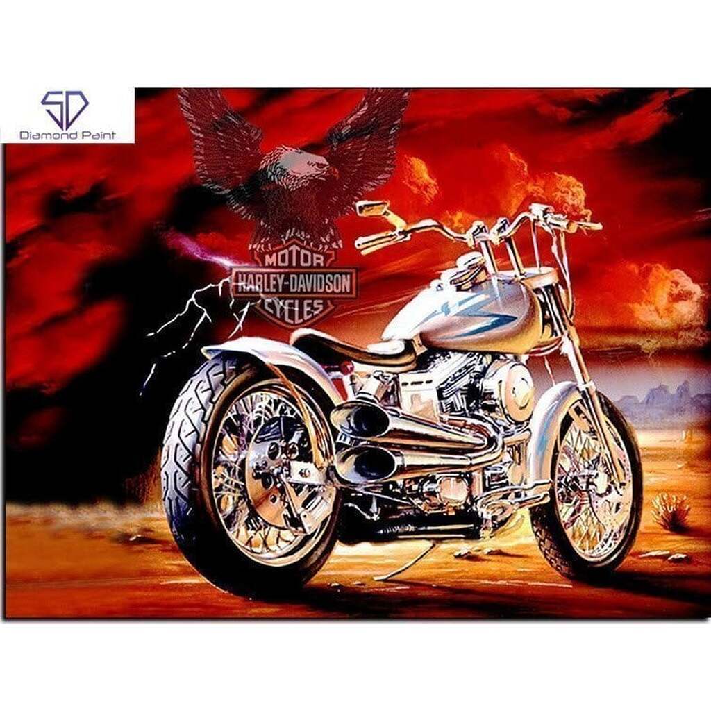 Harley Davidson motorcykel - Rød baggrund - Runde sten - 60 x 80 cm - Lærred, sten, pen, bakke, gele, poser til stenene