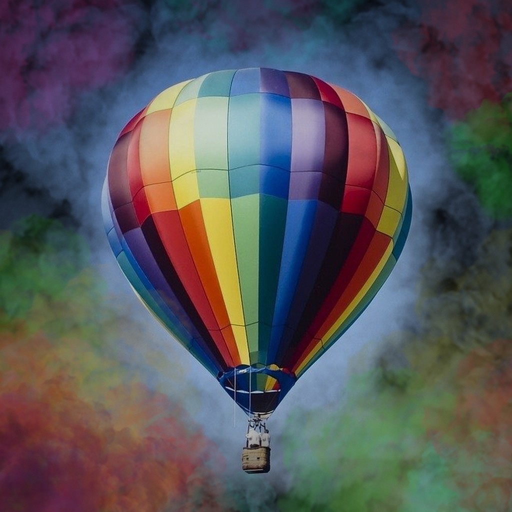 Luftballon omringet af farver - Luftballon A - Firkantede sten - 50 x 50 cm - Lærred, sten, pen, bakke, gele