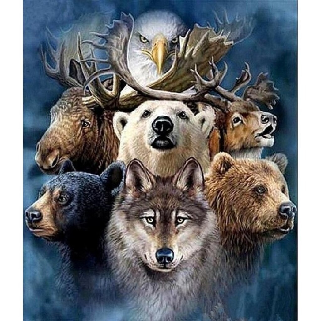 Mange forskellige dyr - Runde sten - 60 x 70 cm - Lærred, sten, pen, bakke, gele