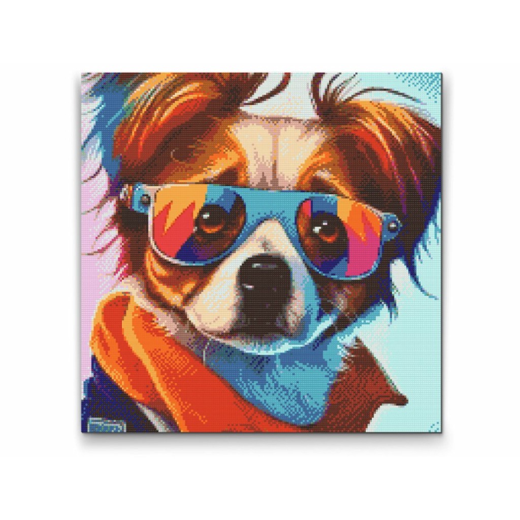 Hund med fede solbriller 1 - Premium - Firkantede sten - 80 x 80 cm - med-saml-selv-ramme - Lærred, sten, pen, bakke, gele, poser til stenene