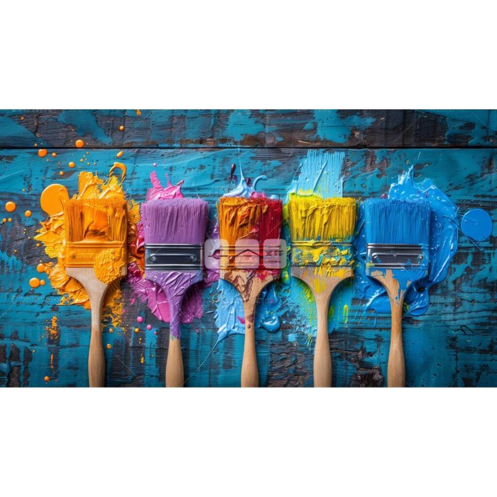 Farverige pensler - Pensler - Runde sten - 80 x 60 cm - Lærred, sten, pen, bakke, gele, poser til stenene - Opspændt på ramme